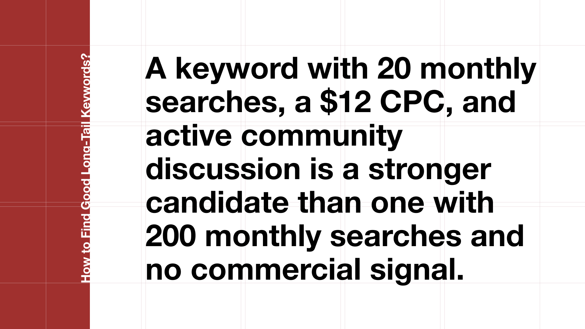 Pull quote showing how to find long-tail keywords by comparing a 20-search keyword with commercial signals against a 200-search keyword without them