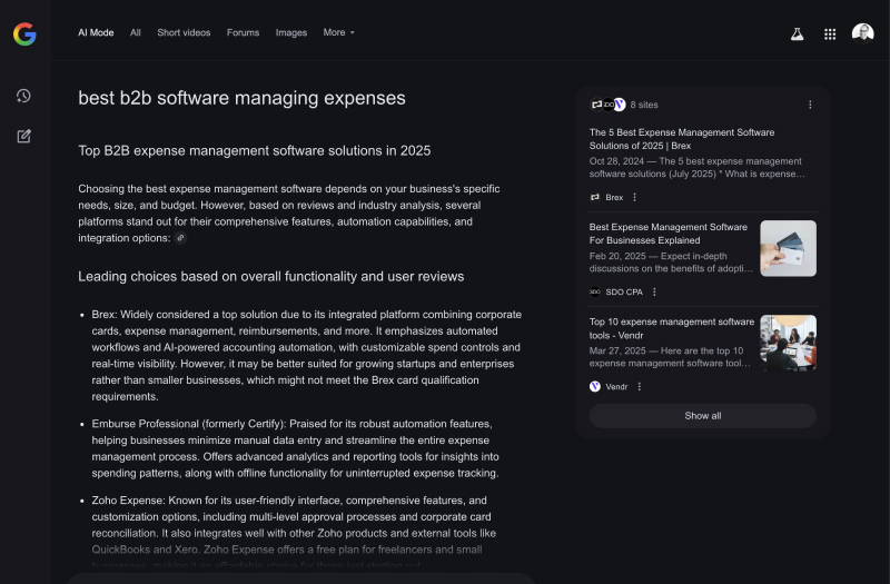 Google AI Mode conversational results for best B2B expense management software with inline citations and source links