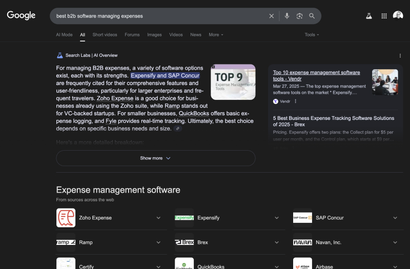 Google AI Overview results for best B2B software managing expenses showing cited brands and entity carousel