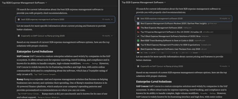 Claude AI side-by-side view showing B2B expense management results with collapsed citations on the left and expanded source list on the right