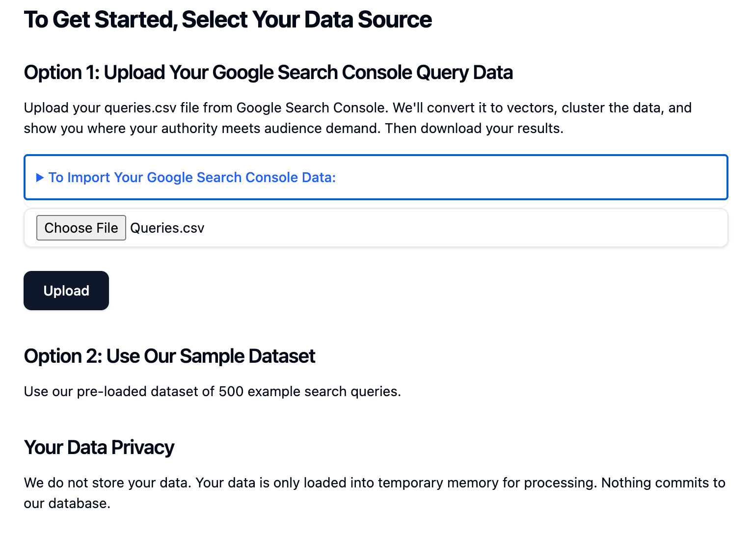 Query2Vector file upload interface