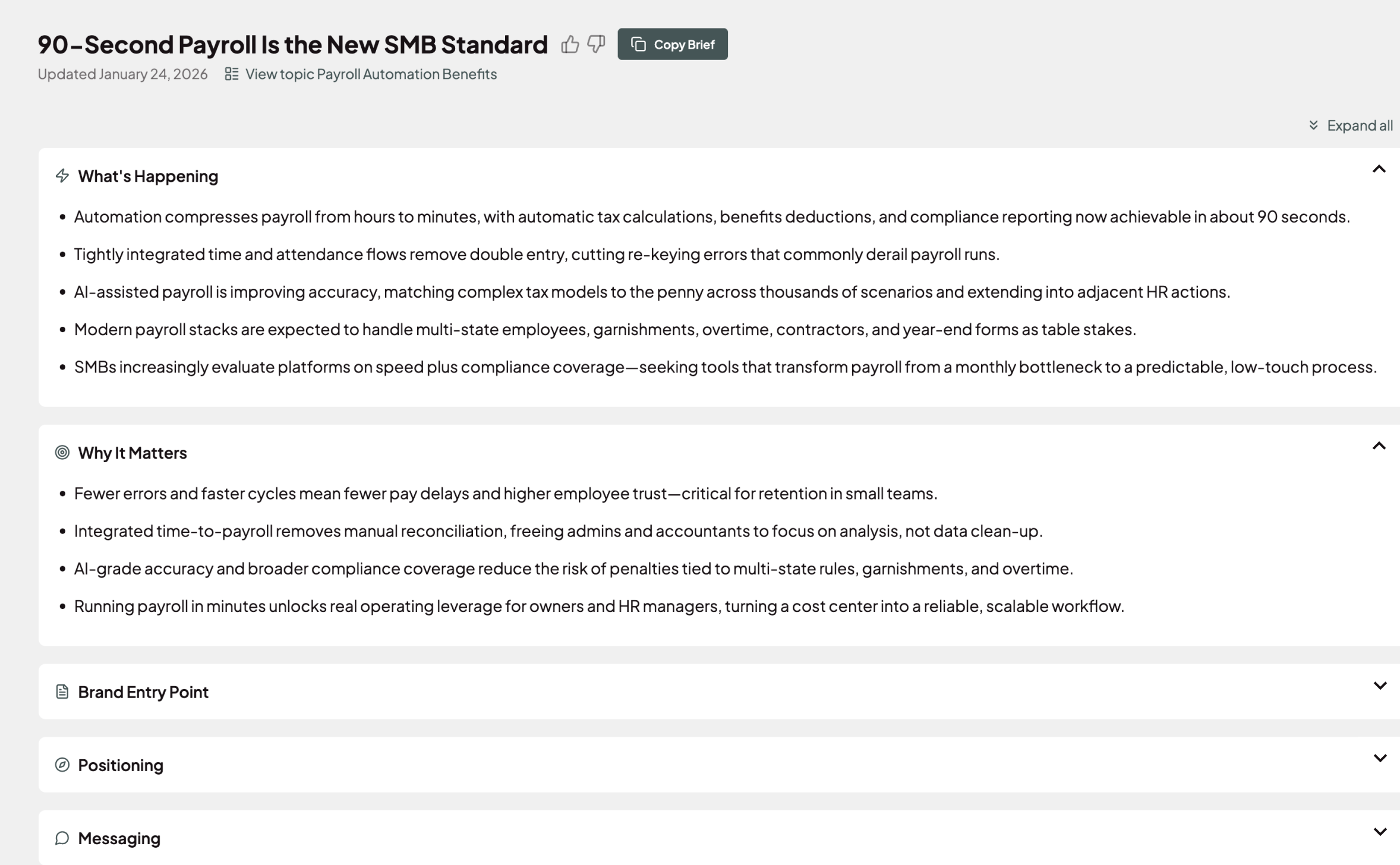 Forecast.ing content brief showing market context, why it matters, and brand positioning sections
