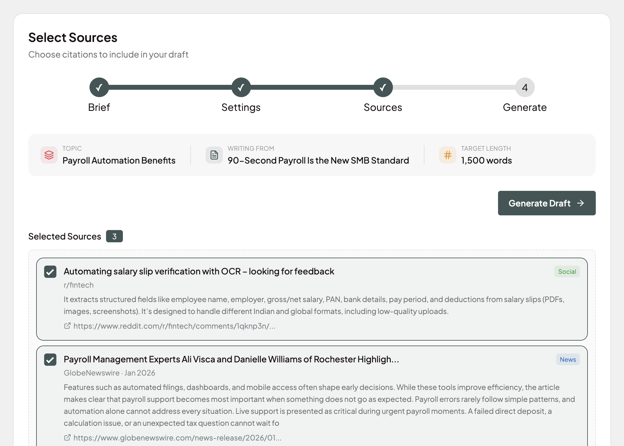 Forecast.ing draft generator with source selection from social and news citations